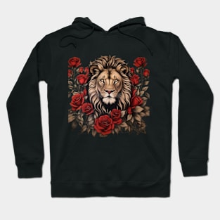 majestic lion surrounded by vibrant red roses Hoodie